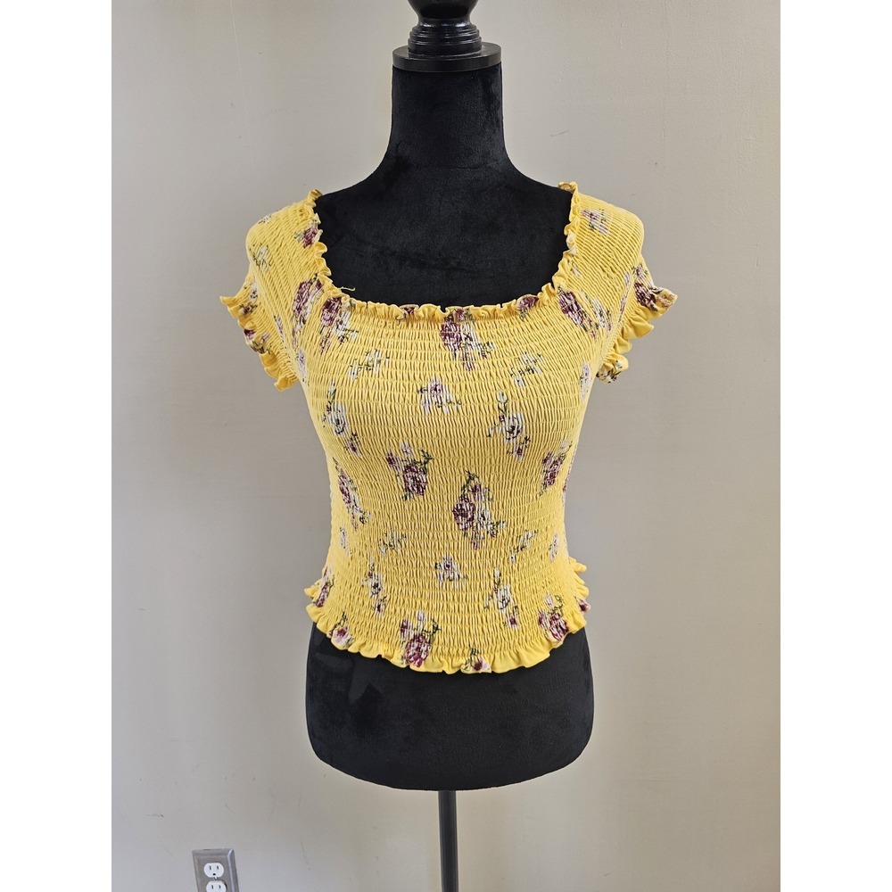 Orange Kiss Shirt Juniors Large Smocked Floral Ruffle Stretch Crop‎ Top Cute Y2K